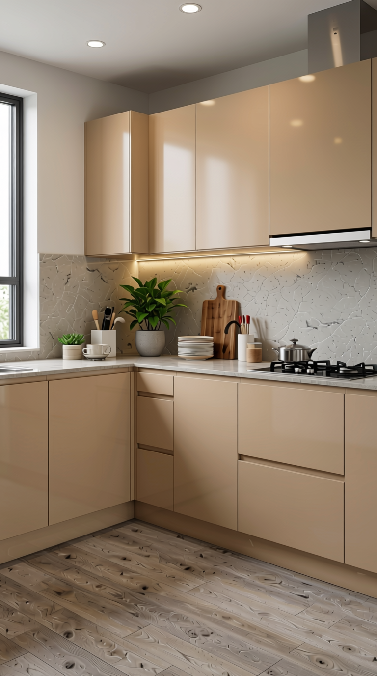 Belge Plain Laminate 8x4 ft High Gloss 1 mm - 3105 HGLS — application view in a contemporary kitchen