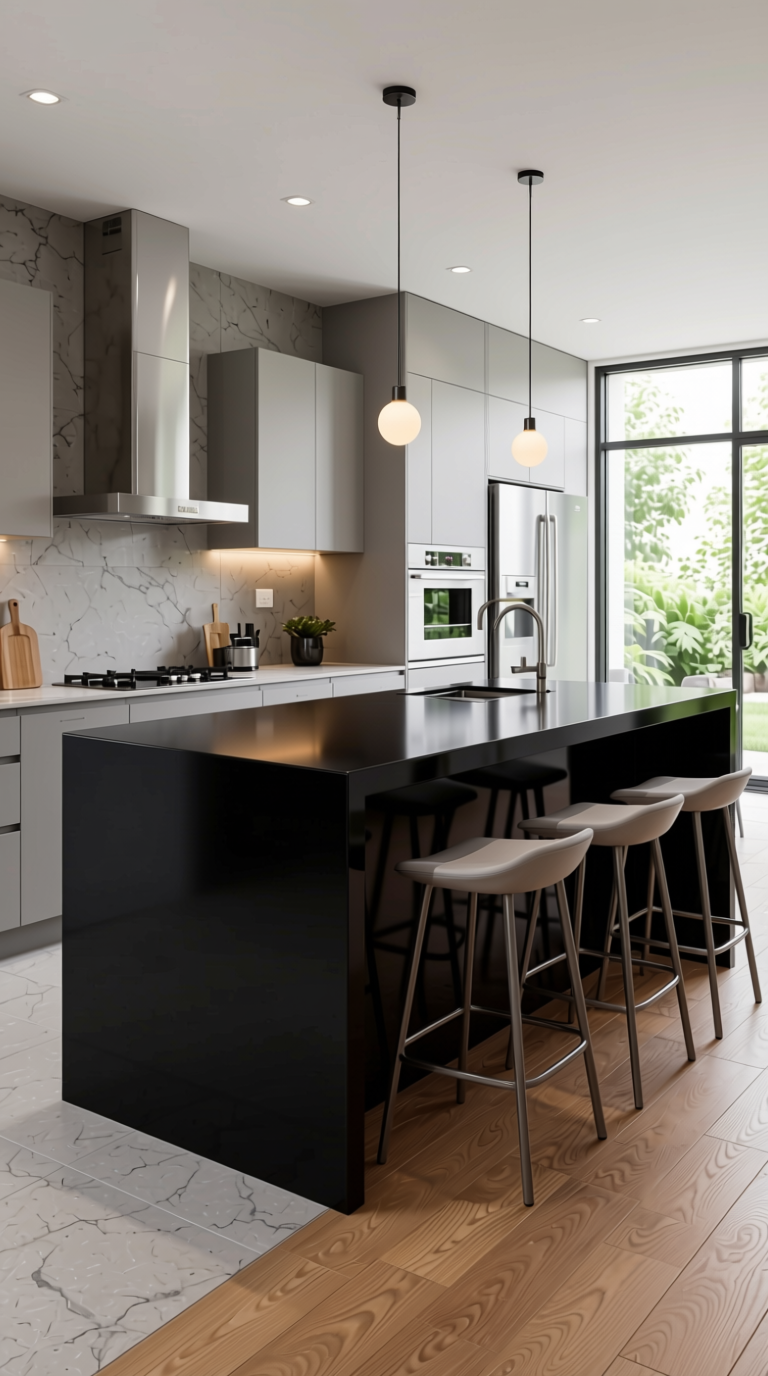 Black Plain Laminate 8x4 ft High Gloss 1 mm - 3125 HGLS — application view in a contemporary kitchen