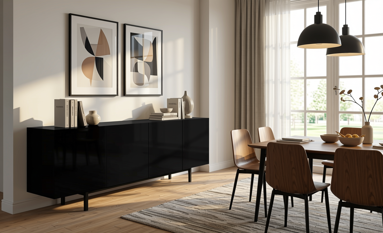 Black Current Plain Laminate 8x4 ft High Gloss 1 mm - 4111 COC — application view in a modern dining room