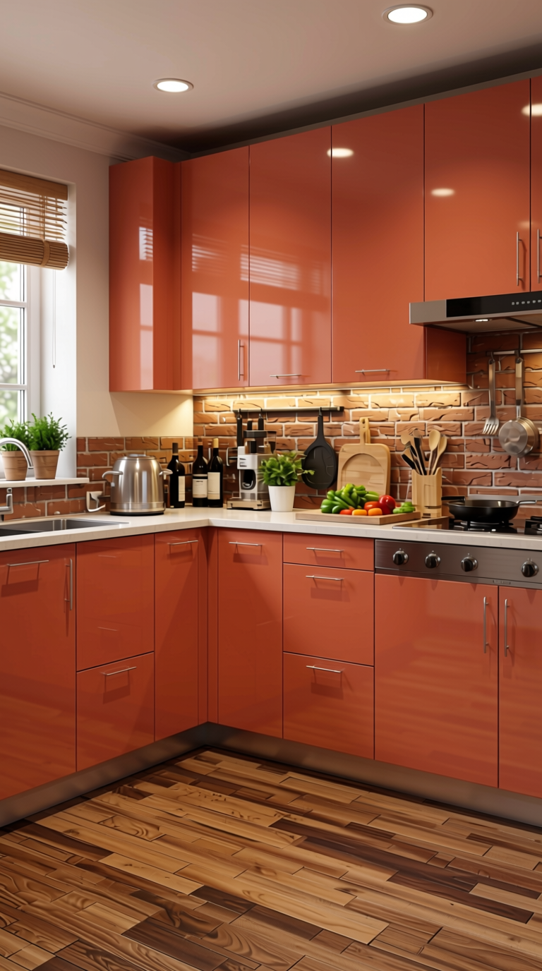 Brick Plain Laminate 8x4 ft High Gloss 1 mm - 3185 HGLS — application view in a restaurant-style kitchen