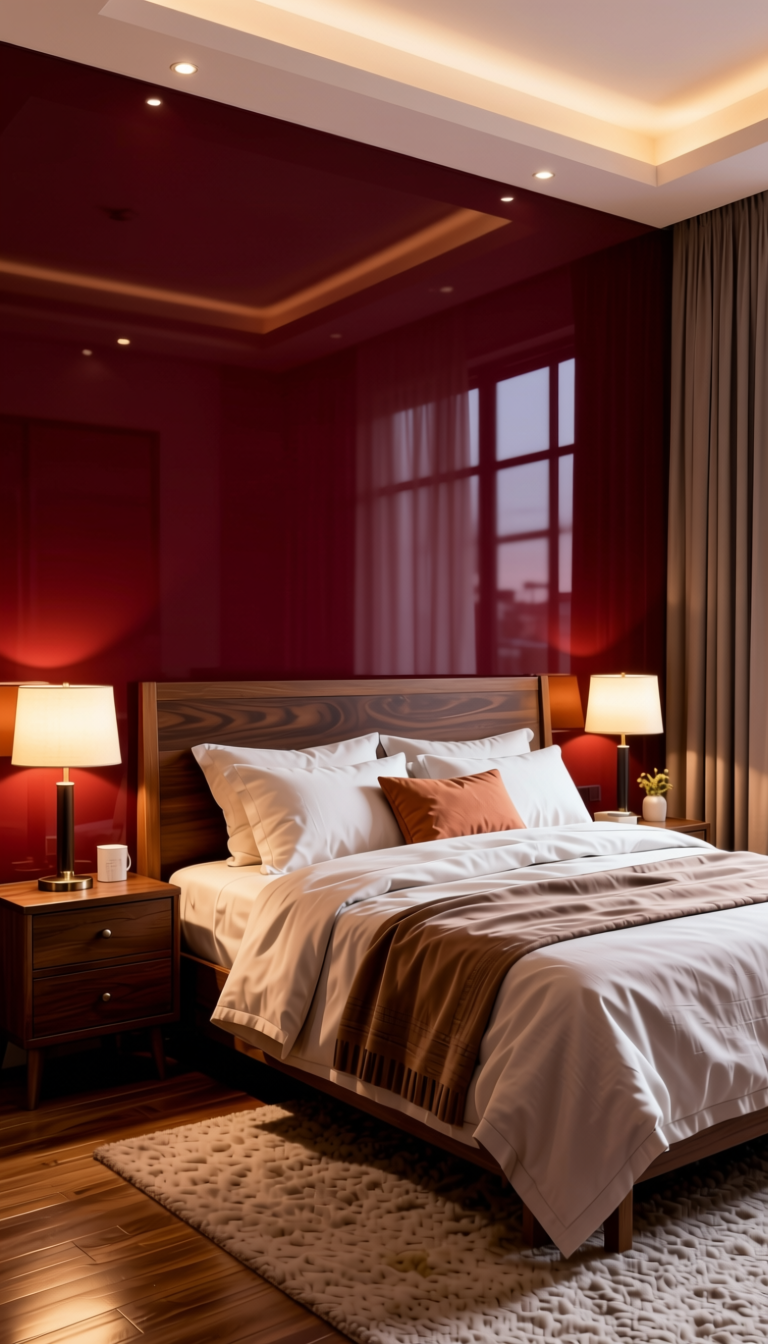 Burgandy Plain Laminate 8x4 ft High Gloss 1 mm - 4146 HGLS — application view in a romantic bedroom