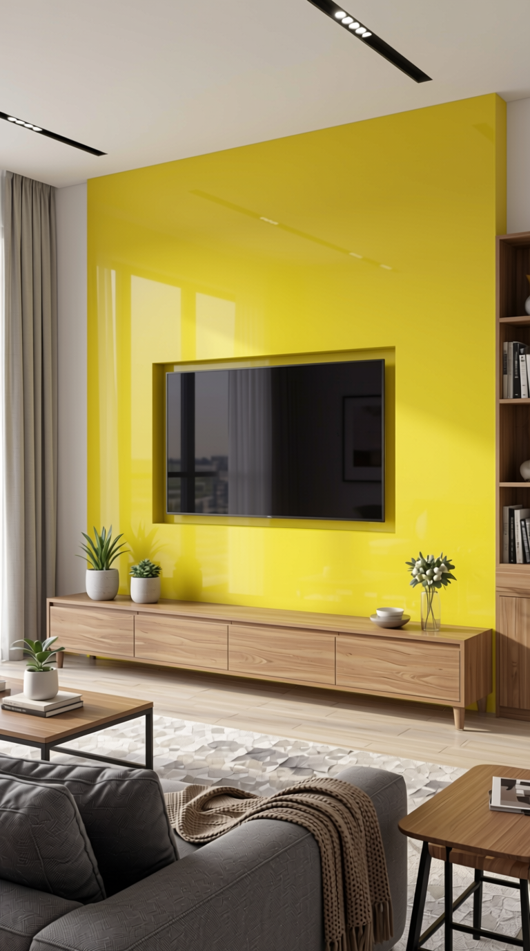 Chalk Yellow Plain Laminate 8x4 ft High Gloss 1 mm - 3174 HGLS — application view in a modern living room