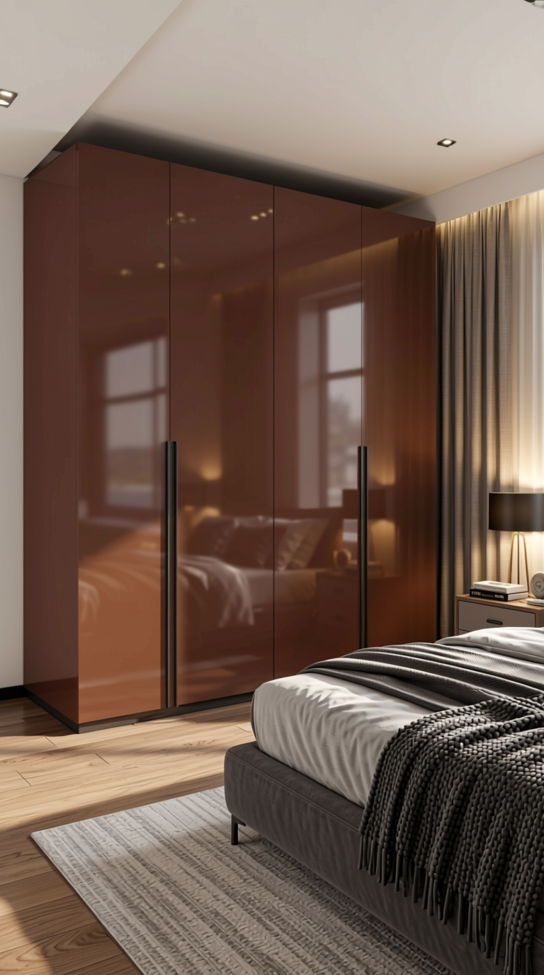 Chocolate Plain Laminate 8x4 ft High Gloss 1 mm - 3124 HGLS — application view in a sleek bedroom