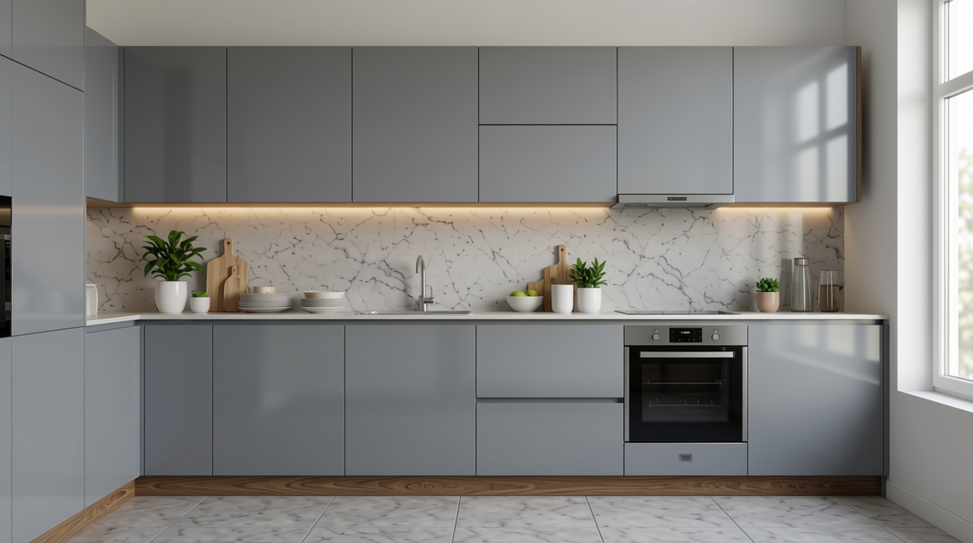Grey Plain Laminate 8x4 ft High Gloss 1 mm - 4113 COC — application view in a minimalist kitchen
