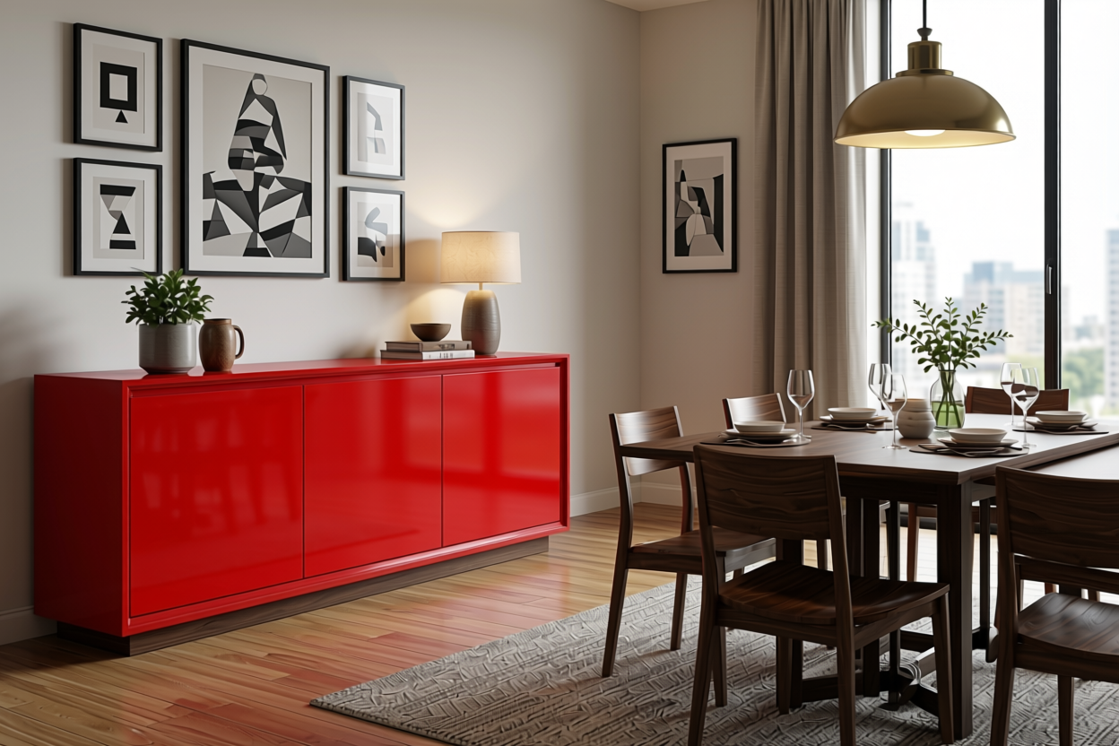 Red Plain Laminate 8x4 ft High Gloss 1 mm - 4132 COC — application view in a bold dining room