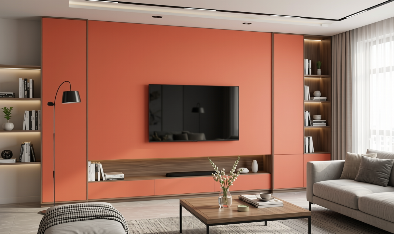 Coral Plain Laminate 8x4 ft Matte 1 mm - 3179 NMS — application view in a modern living room