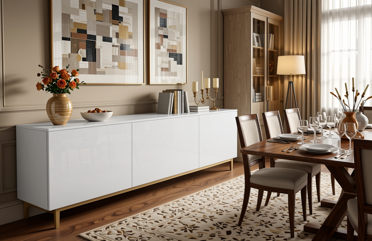 Frosty White Plain Laminate 8x4 ft High Gloss 1 mm - 4104 COC — application view in a elegant dining room