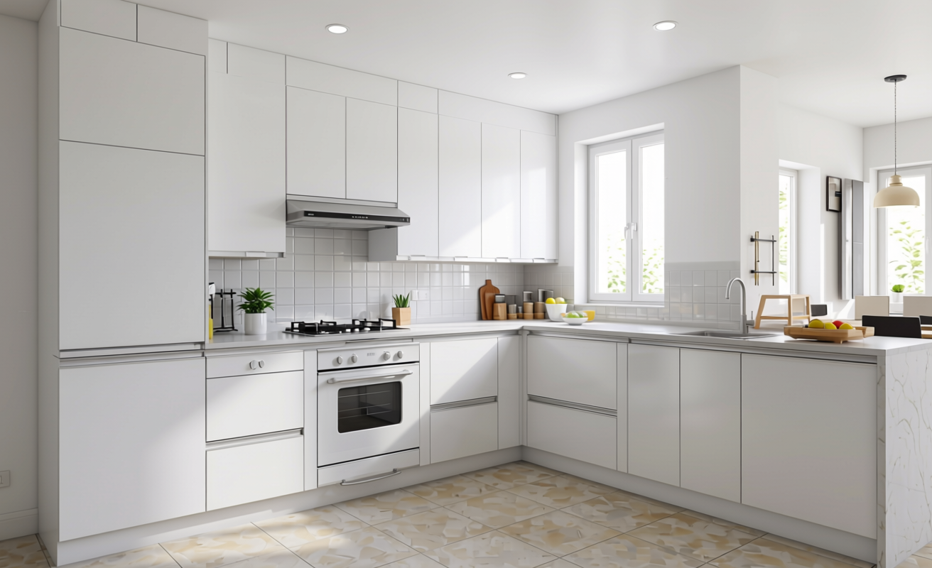 Frosty White Plain Laminate 8x4 ft Matte 1 mm - 4104 NMS — application view in a bright kitchen