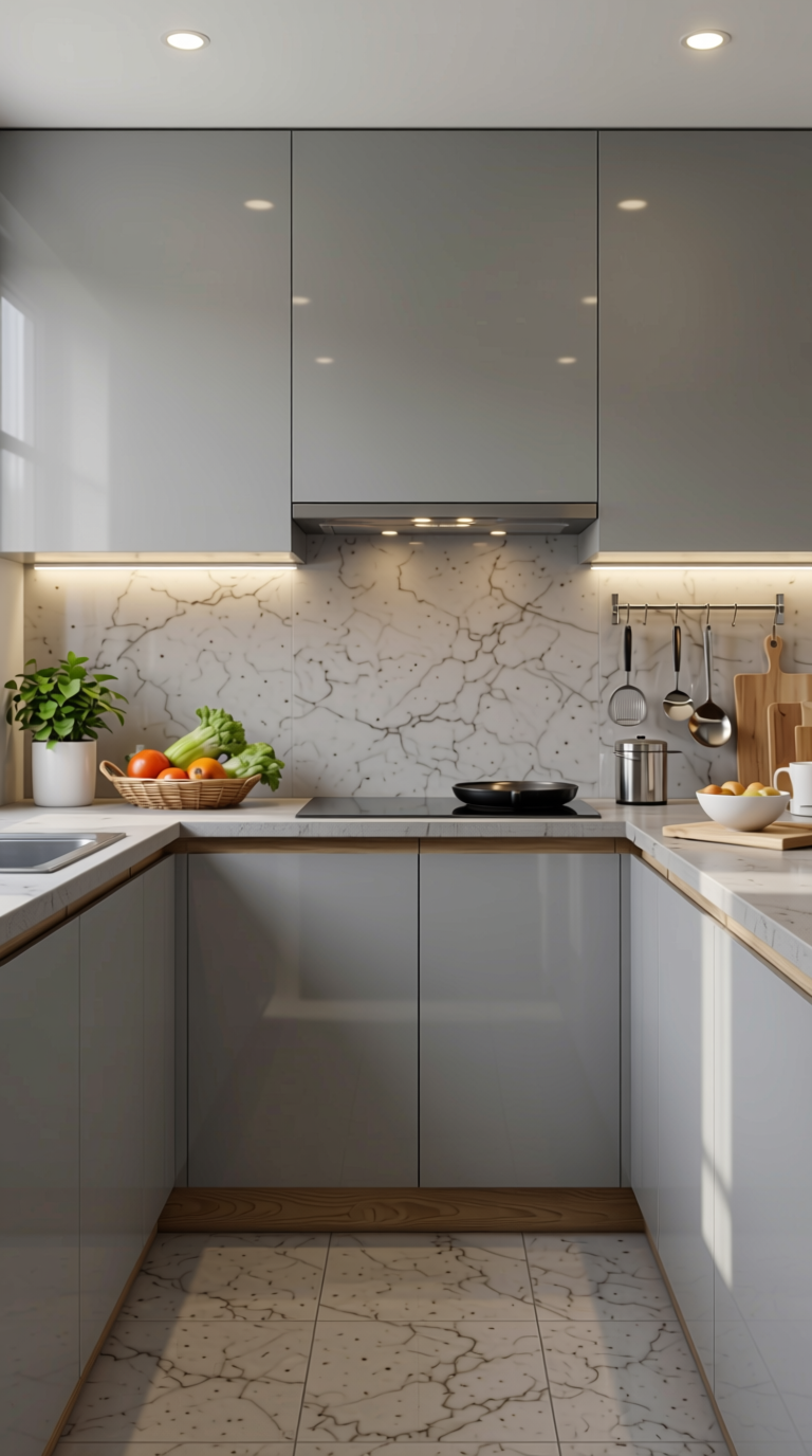 Grey Plain Laminate 8x4 ft High Gloss 1 mm - 4113 HGLS — application view in a modern kitchen