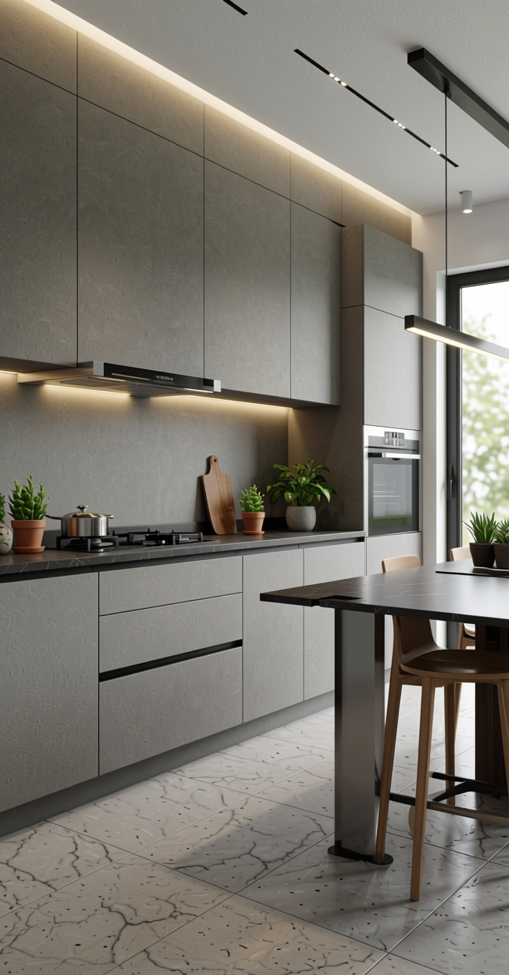 Grey Plain Laminate 8x4 ft Suede 1 mm - 3106 SF — application view in a contemporary kitchen