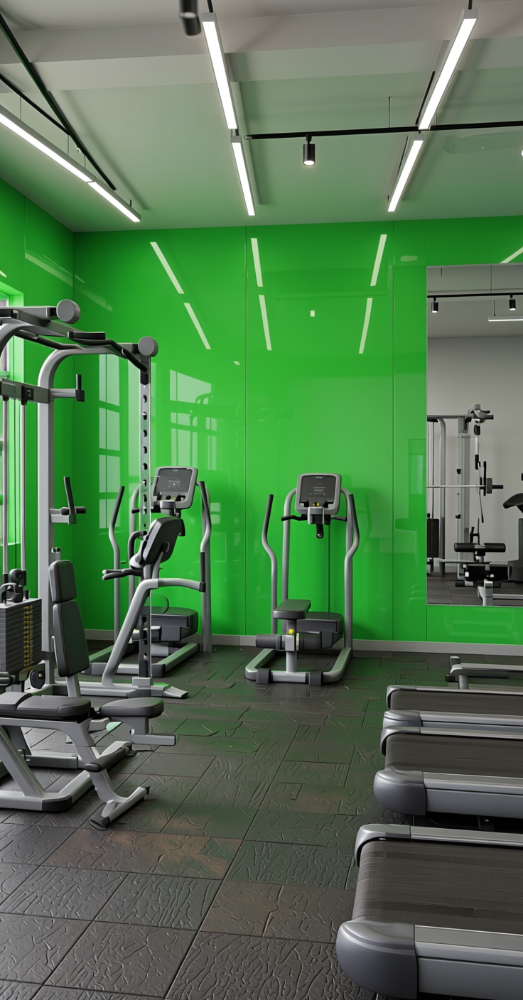 Lawn Green Plain Laminate 8x4 ft High Gloss 1 mm - 3119 HGLS — application view in a gym room