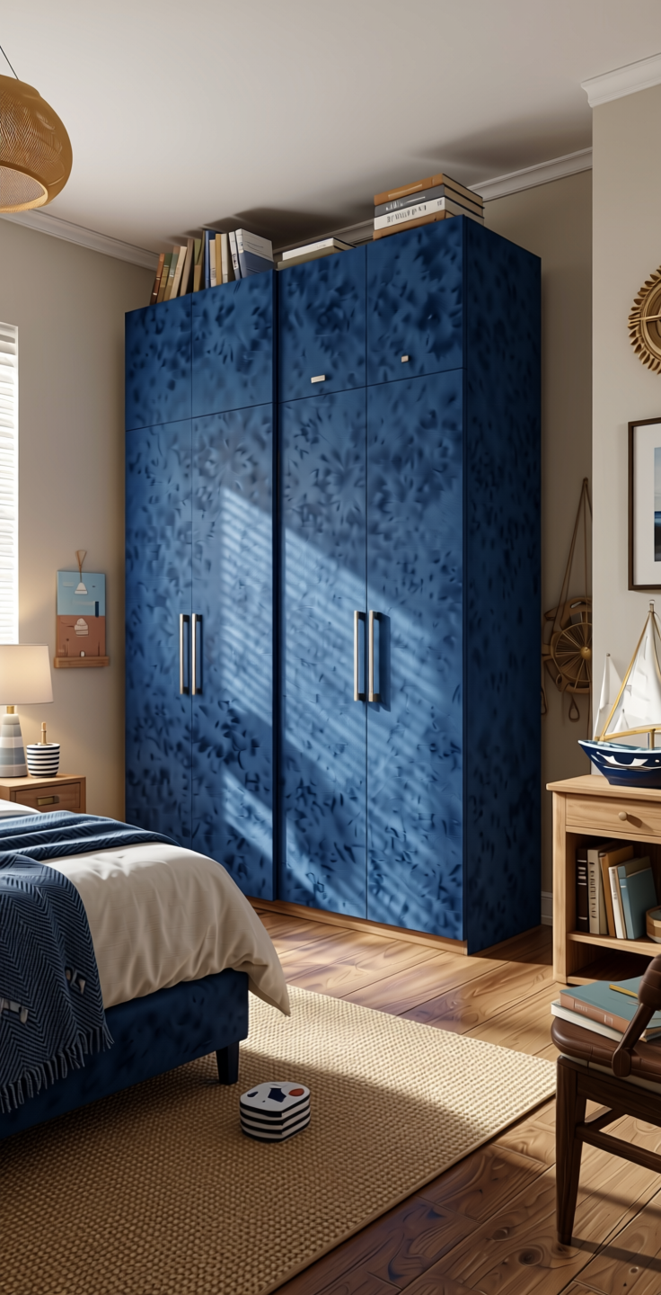 Marine Blue Plain Laminate 8x4 ft Suede 1 mm - 3165 SF — application view in a nautical-themed bedroom