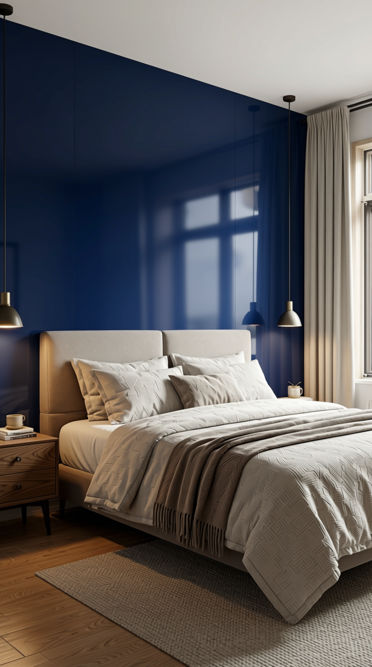 Navy Blue Plain Laminate 8x4 ft High Gloss 1 mm - 3115 HGLS — application view in a master bedroom