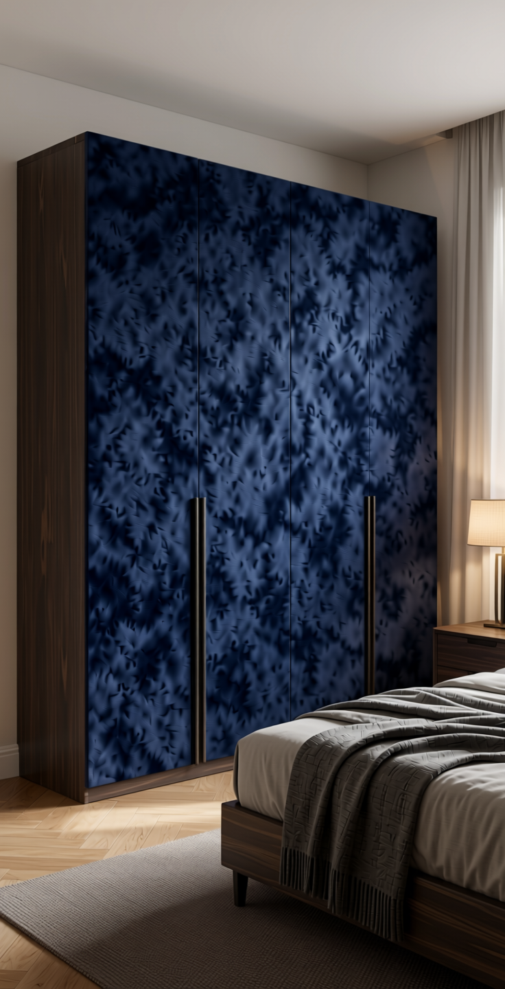 Navy Blue Plain Laminate 8x4 ft Suede 1 mm - 3115 SF — application view in a sleek bedroom