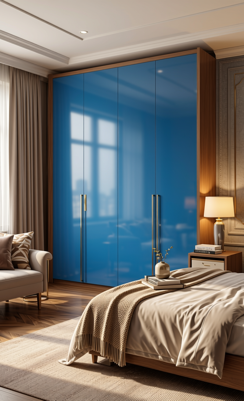 Nigara Plain Laminate 8x4 ft High Gloss 1 mm - 3187 HGLS — application view in a glamorous bedroom