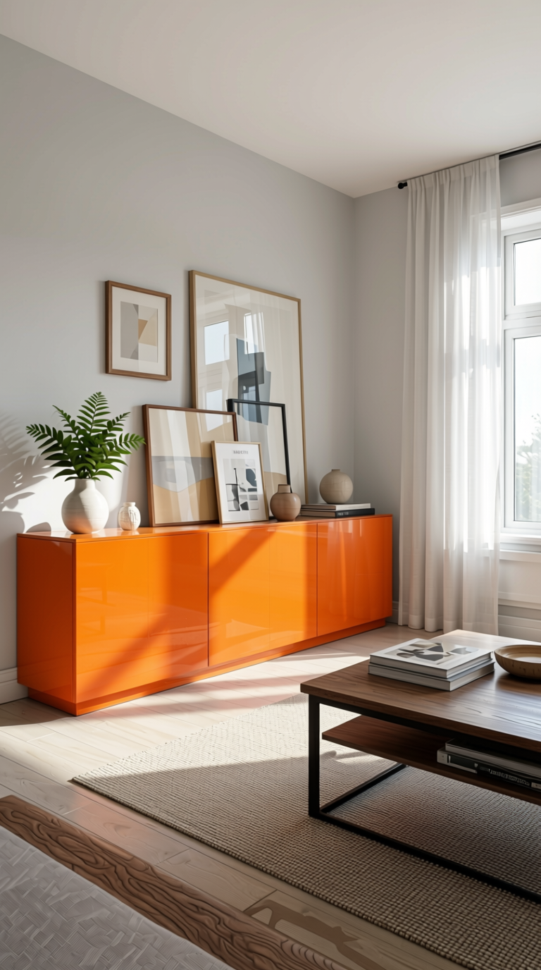 Orange Plain Laminate 8x4 ft High Gloss 1 mm - 4139 HGLS — application view in a vibrant living room