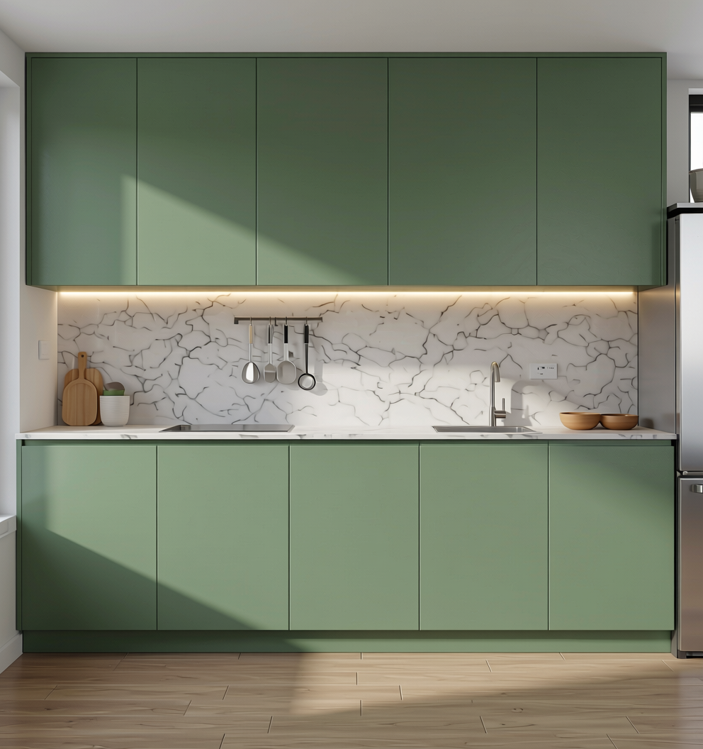 Sage Fluted Laminate 8x4 ft Texture 1 mm - 3201 FLT — application view in a minimalist kitchen