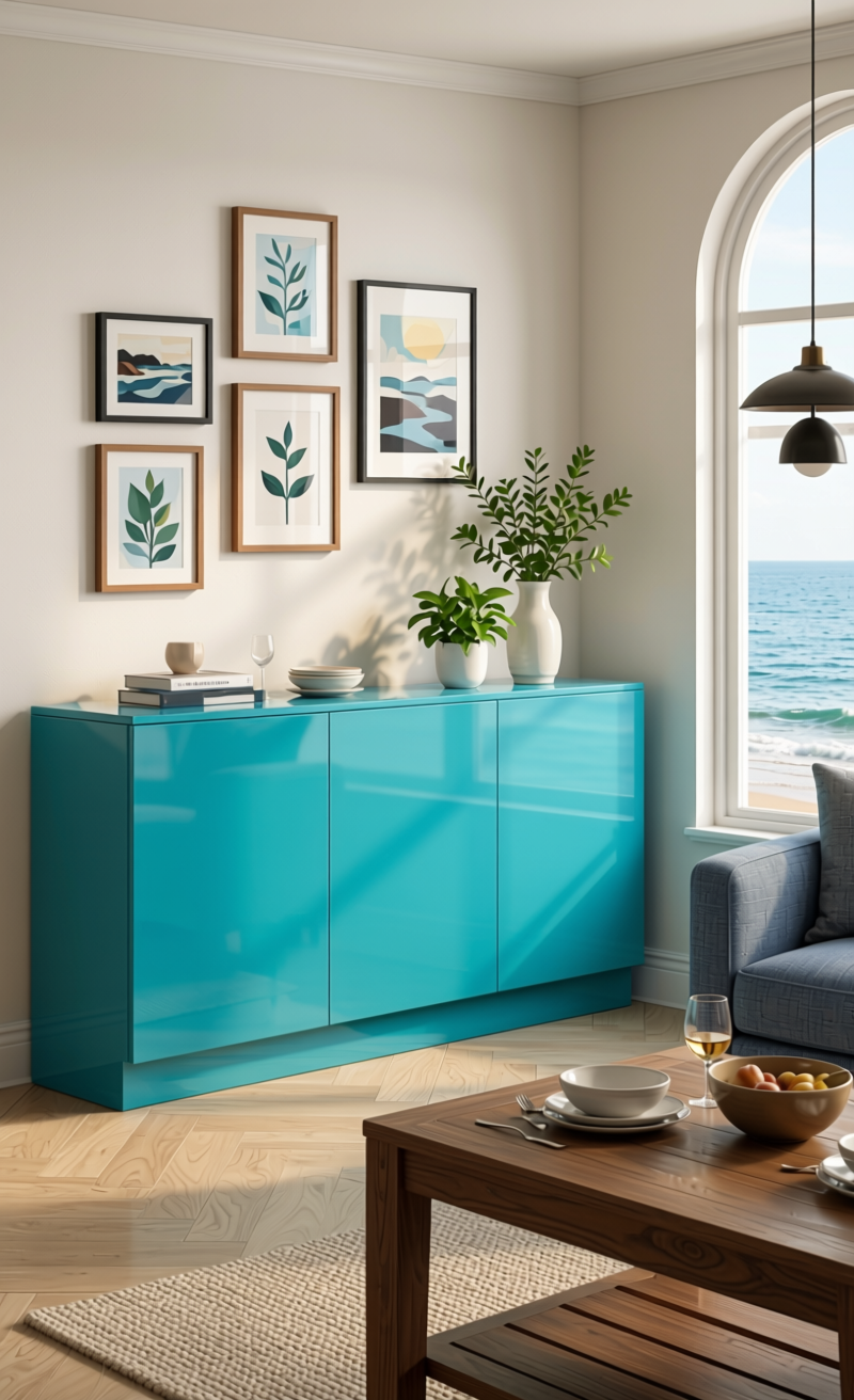 Turquoise Plain Laminate 8x4 ft High Gloss 1 mm - 3176 HGLS — application view in a coastal dining room