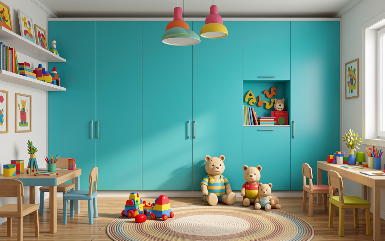 Turquoise Blue Plain Laminate 8x4 ft Matte 1 mm - 3176 NMS — application view in a kids' playroom
