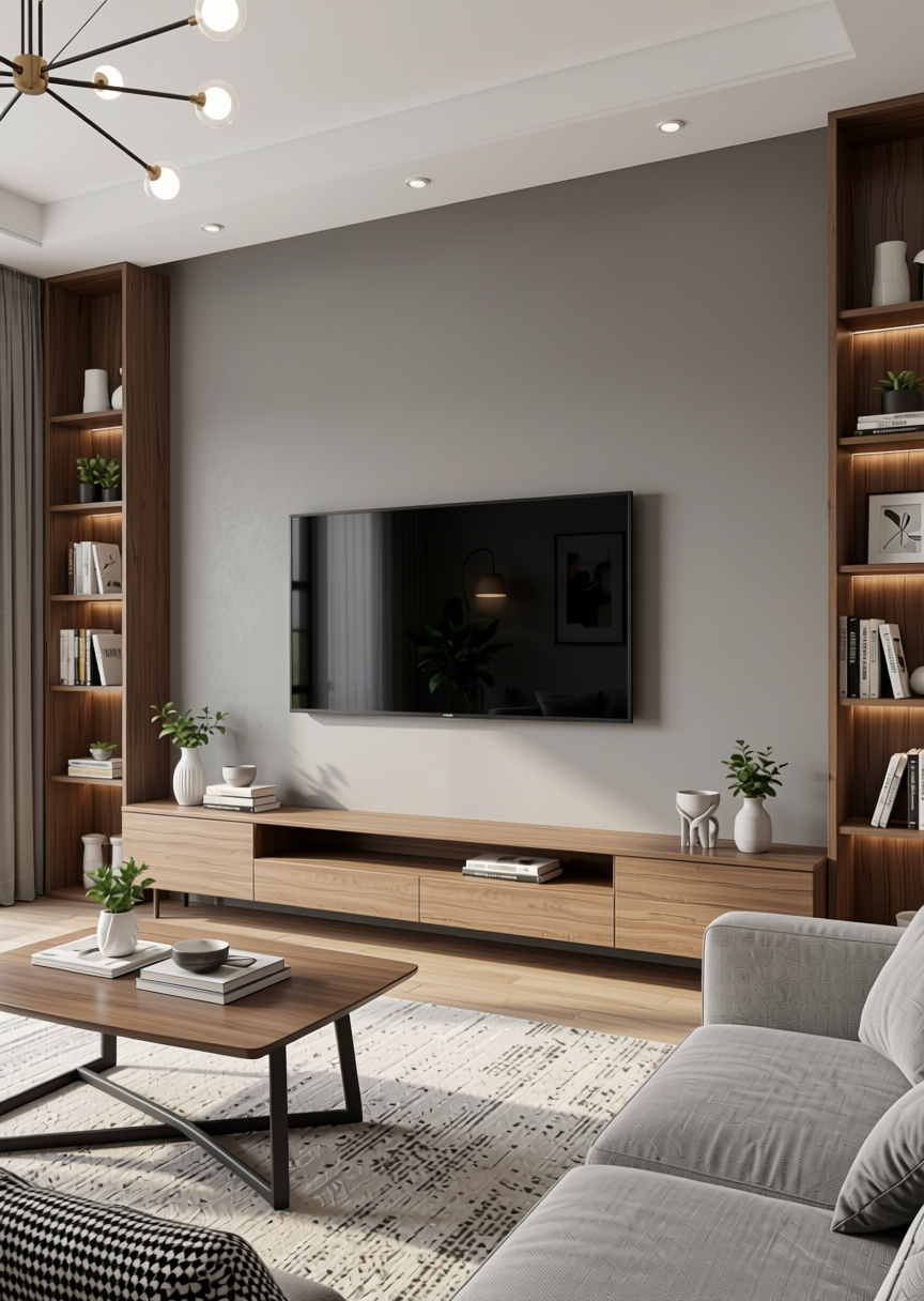 Inozetek Grey Texture Laminate 4.25x10 ft - STY-SOL-1803 — application view in a modern living room
