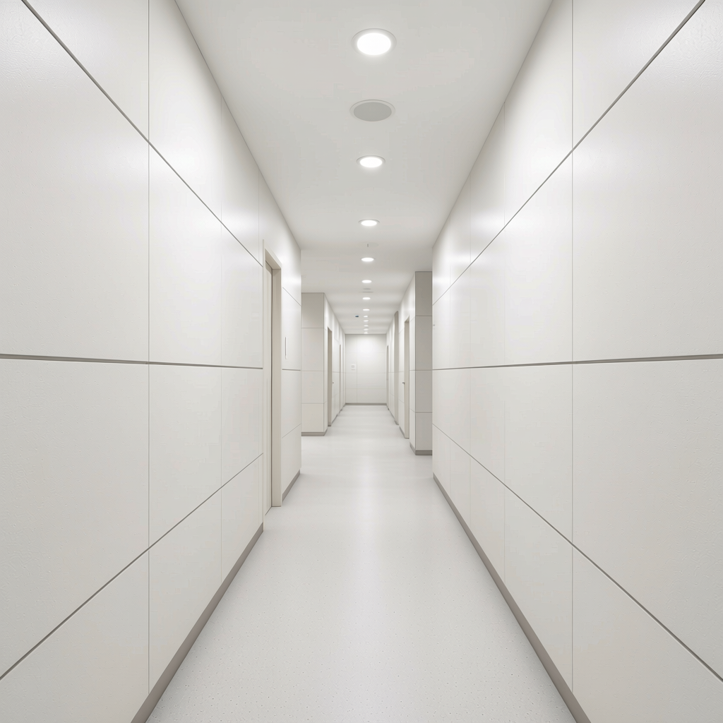 Interior White Plain Colors Laminate 8*4 ft Suede 1.0 mm - HER-1112 — application view in a bright hallway