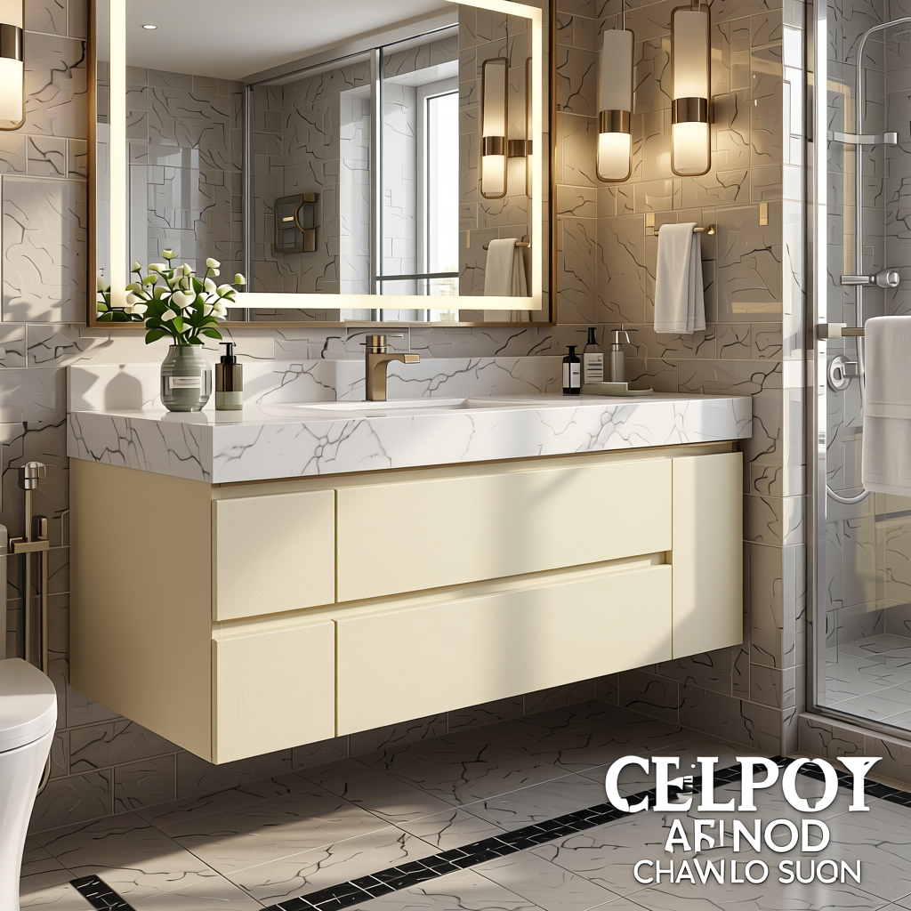 Ivory Plain Colors Laminate 8*4 ft Suede 1.0 mm - HER-1401 — application view in a luxurious bathroom