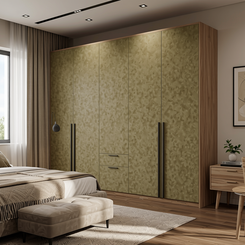 Khaki Plain Colors Laminate 8*4 ft Suede 1.0 mm - HER-1291 — application view in a sleek bedroom