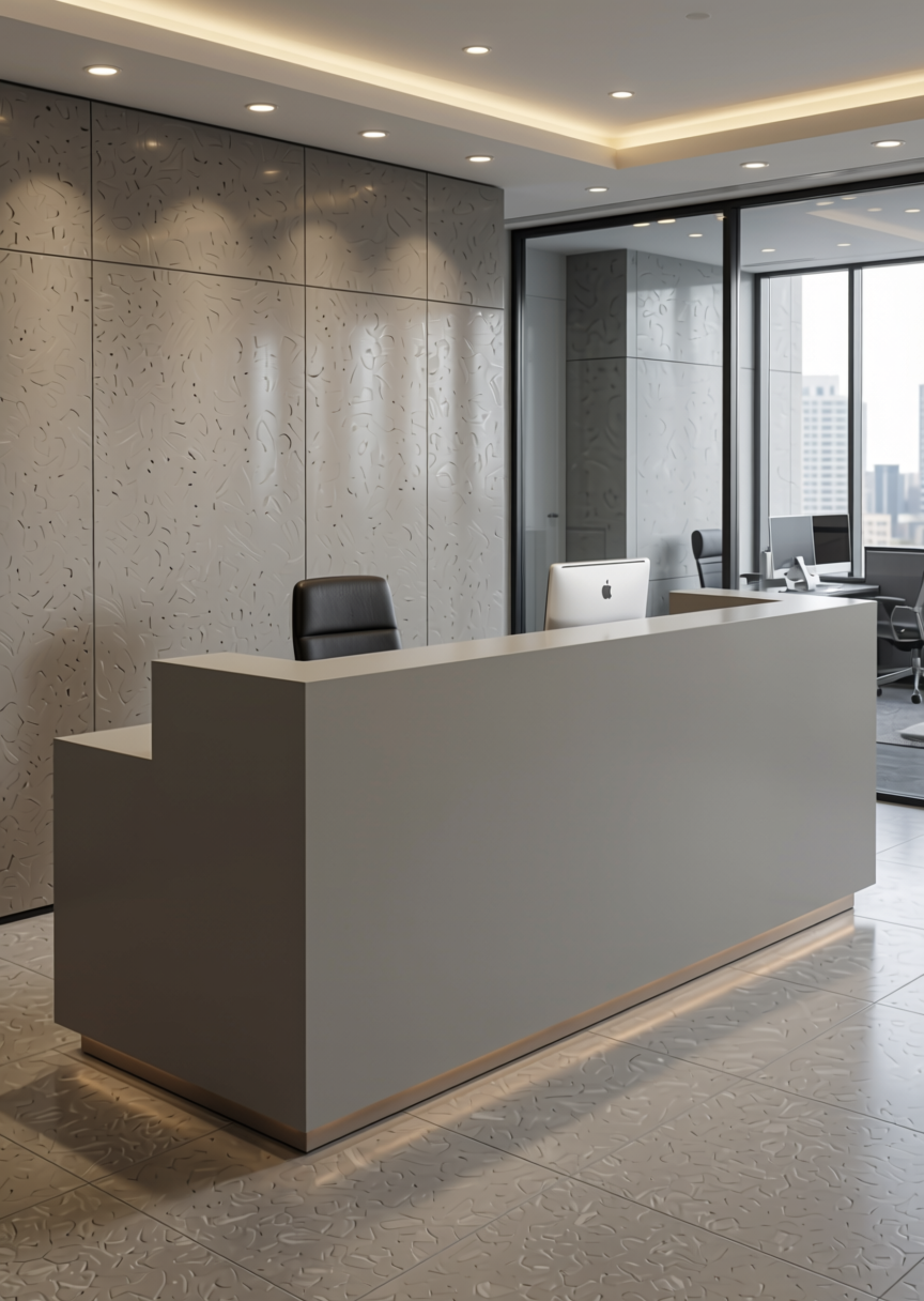 Lam Grey Texture Laminate 4.25x10 ft - STY-SOL-1087 — application view in a contemporary office