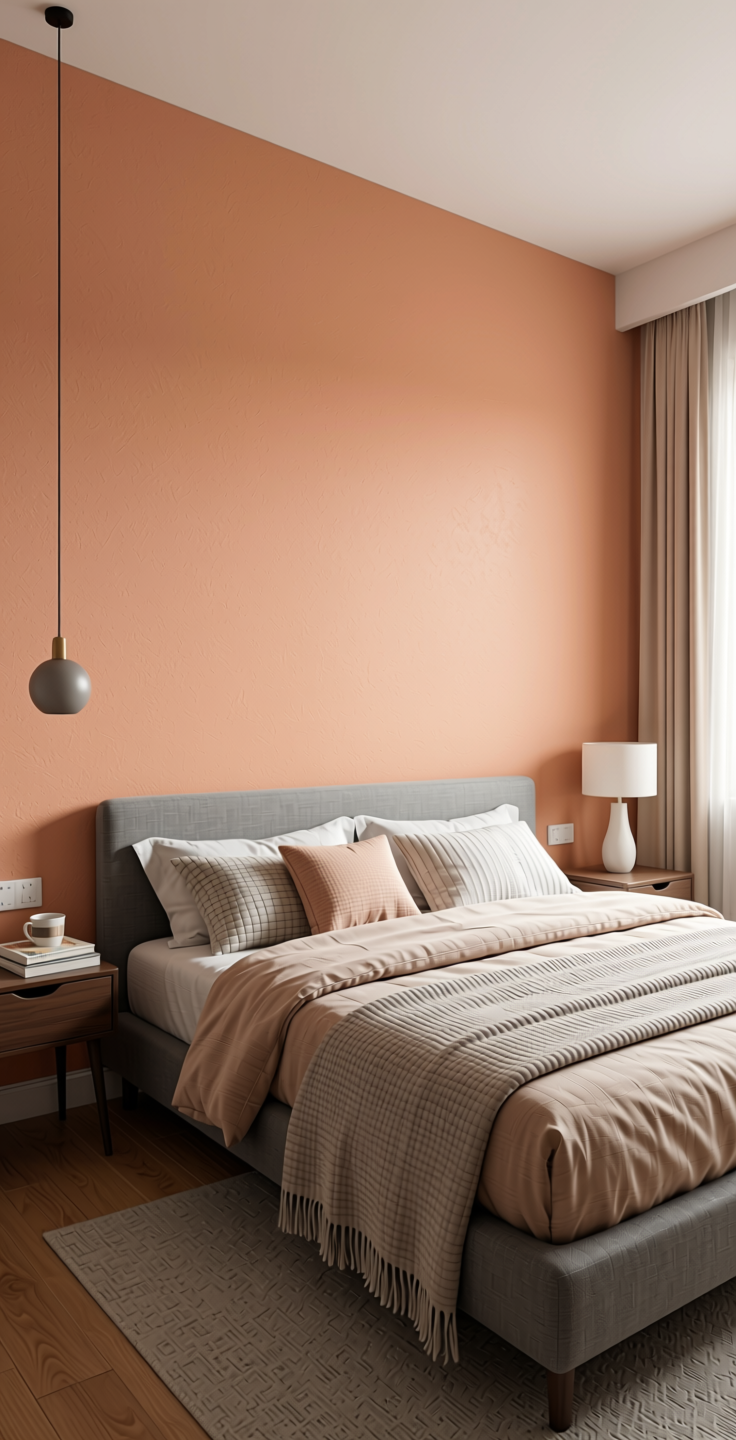 Lam Peach Texture Wall Panel - STY-SOL-1086 — application view in a contemporary bedroom
