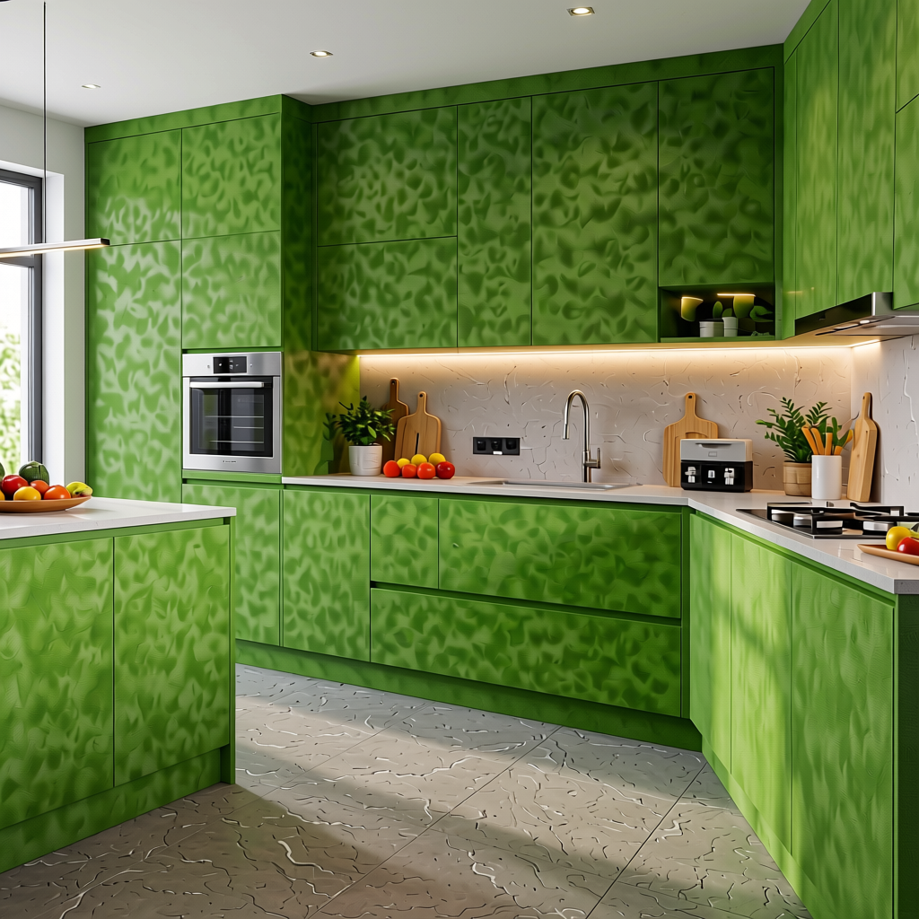Leaf Green Plain Colors Laminate 8*4 ft Suede 1.0 mm - HER-1211 — application view in a vibrant kitchen