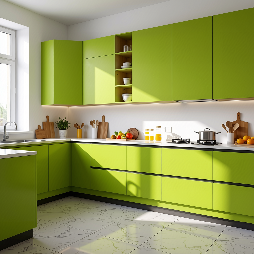 Lime 2 Plain Colors Laminate 8*4 ft Suede 1.0 mm - HER-1162 — application view in a bright kitchen
