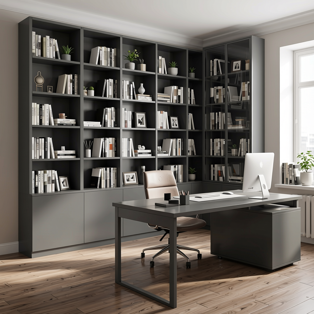 Charcoal Ash Grey Plain Laminate 8x4 ft High Gloss 1 mm - 242 HG — application view in a home office