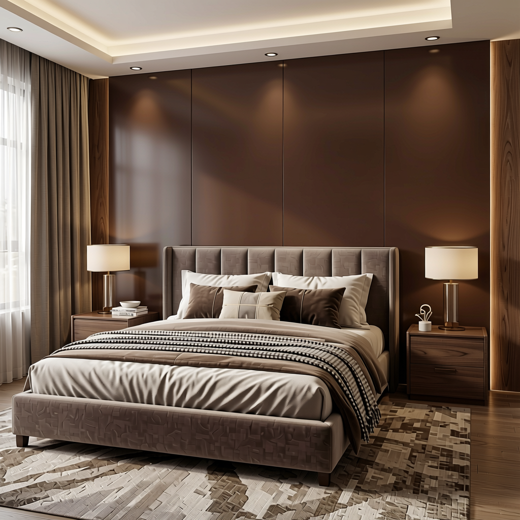 Dark Cocoa Brown Plain Laminate 8x4 ft Satin 1 mm - 185 SMT — application view in a luxury bedroom