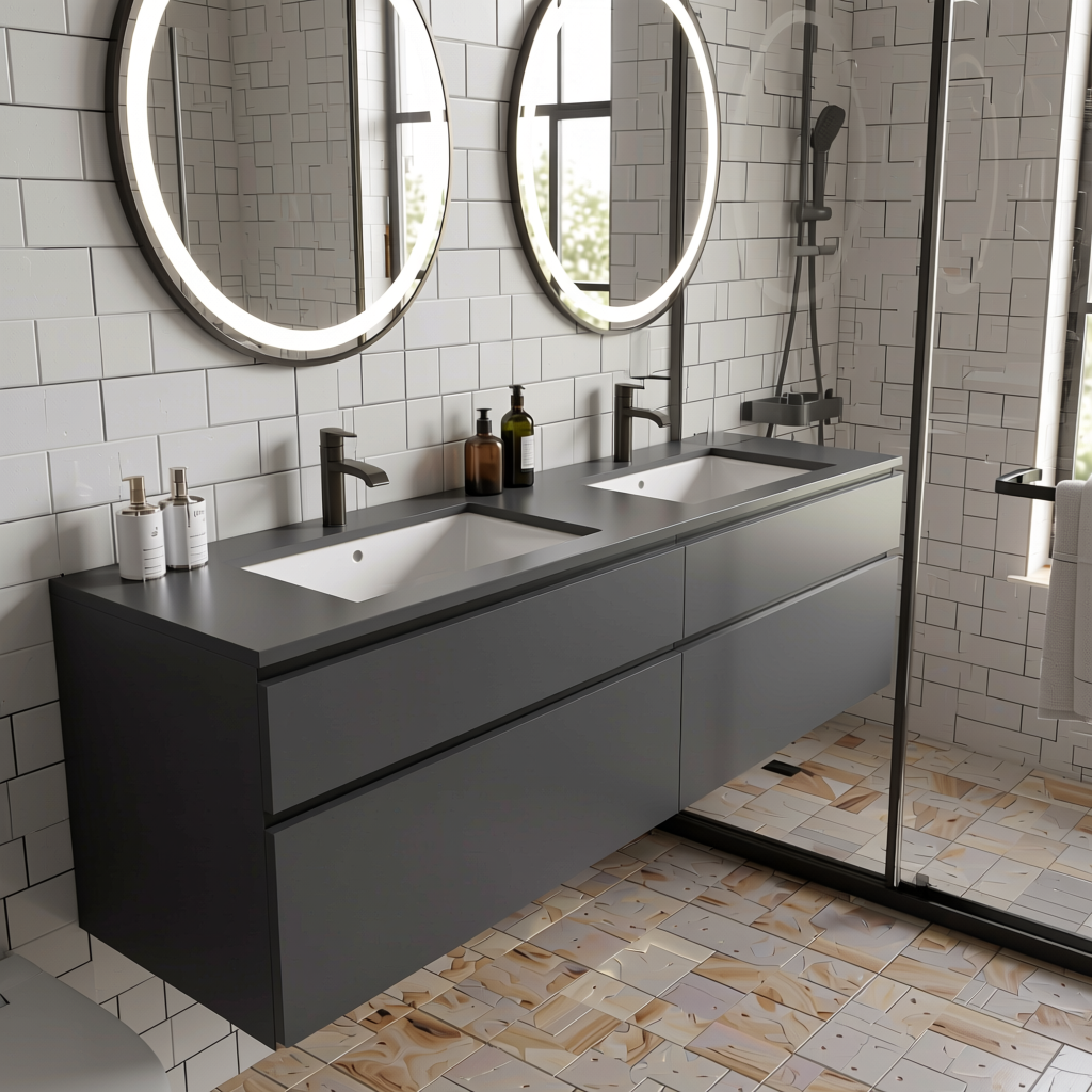 Graphite Smoke Grey Plain Laminate 8x4 ft Satin 1 mm - 242 SMT — application view in a bathroom