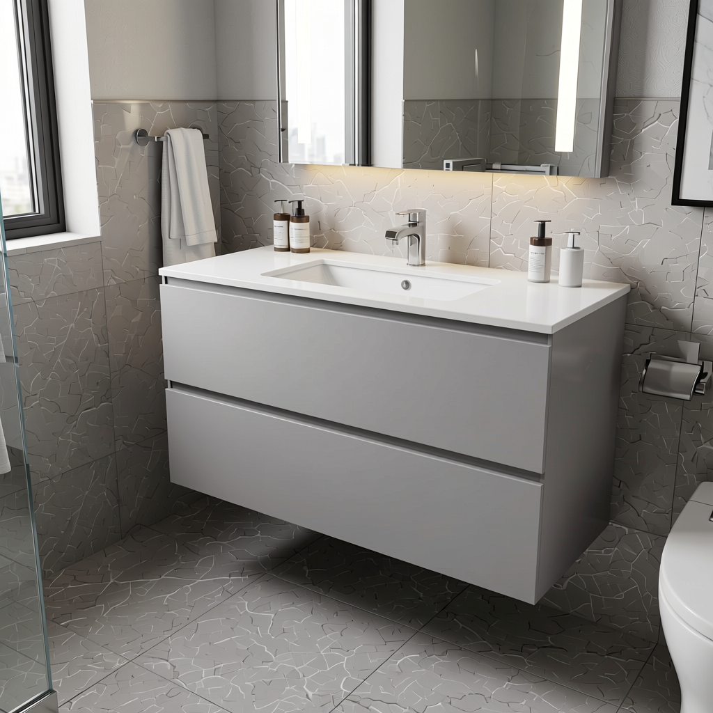 Misty Silver Grey Plain Laminate 8x4 ft Satin 1 mm - 241 SMT — application view in a modern bathroom