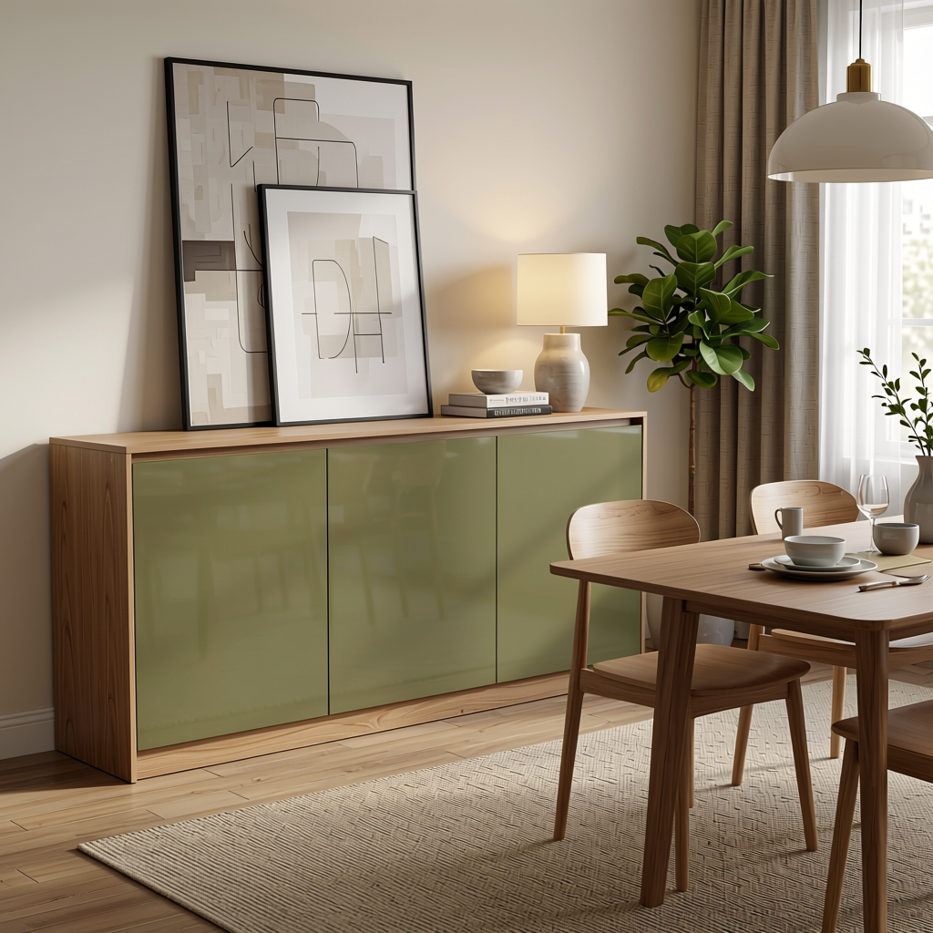 Olive Toned Sand Plain Laminate 8x4 ft High Gloss 1 mm - 233 HG — application view in a dining room