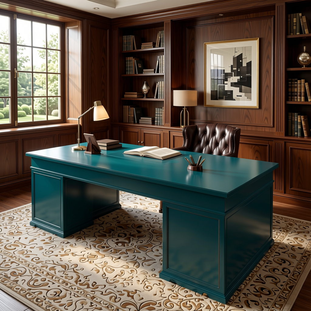 Rich Teal Blue Plain Laminate 8x4 ft High Gloss 1 mm - 237 HG — application view in a luxurious study