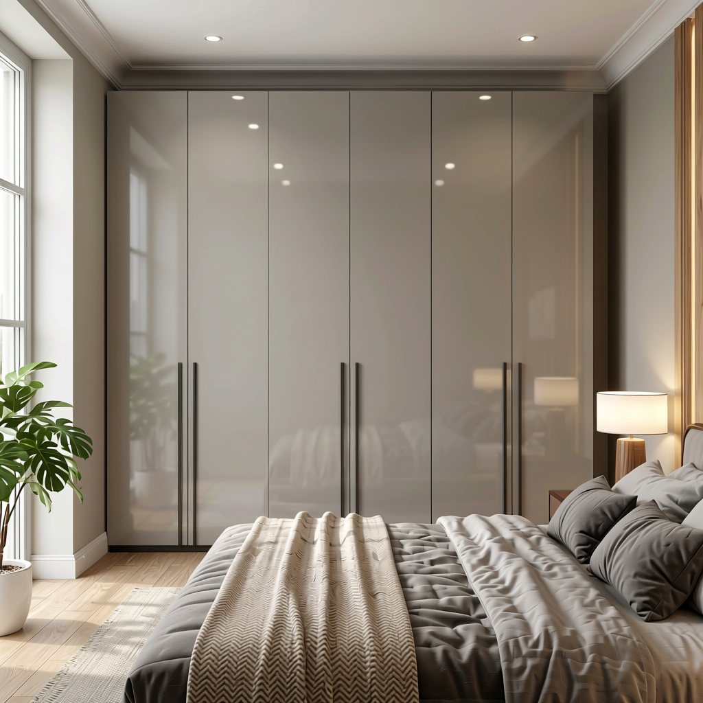 Soft Greige Mist Plain Laminate 8x4 ft High Gloss 1 mm - 232 HG — application view in a master bedroom
