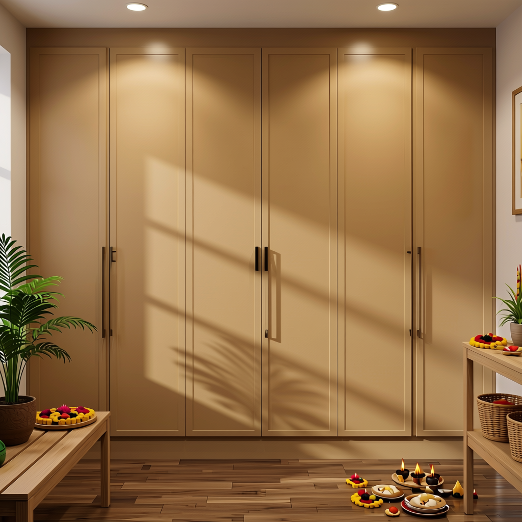 Warm Oatmeal Plain Laminate 8x4 ft Satin 1 mm - 246 SMT — application view in a puja room