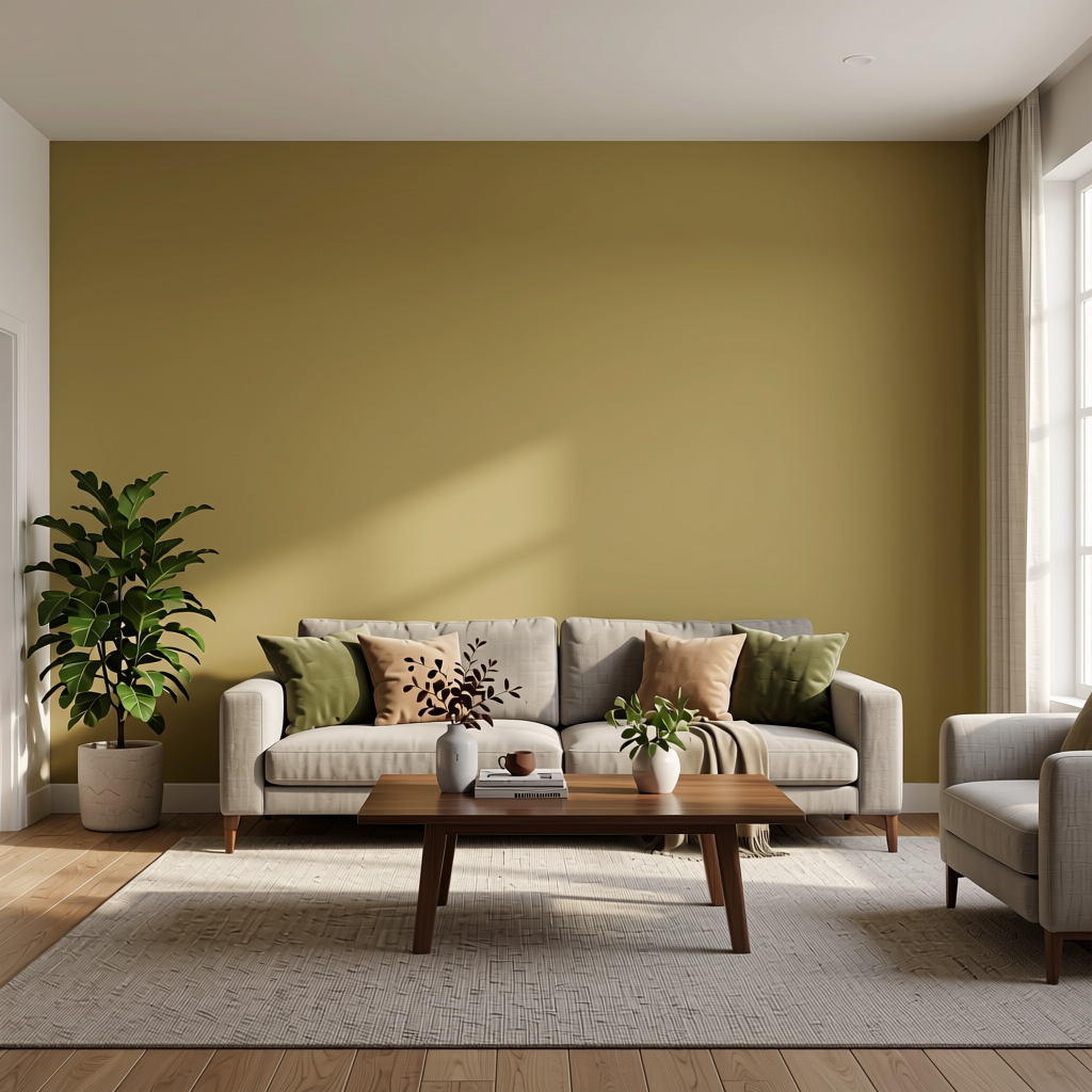 Warm Olive Sand Plain Laminate 8x4 ft Satin 1 mm - 240 SMT — application view in a living room