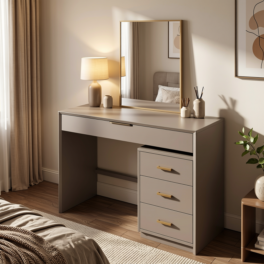 Warm Taupe Grey Plain Laminate 8x4 ft Satin 1 mm - 238 SMT — application view in a bedroom