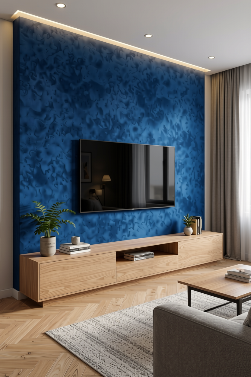 Backpack Blue Plain Laminate 8x4 ft Suede 1 mm - 3526 SF — application view in a modern living room