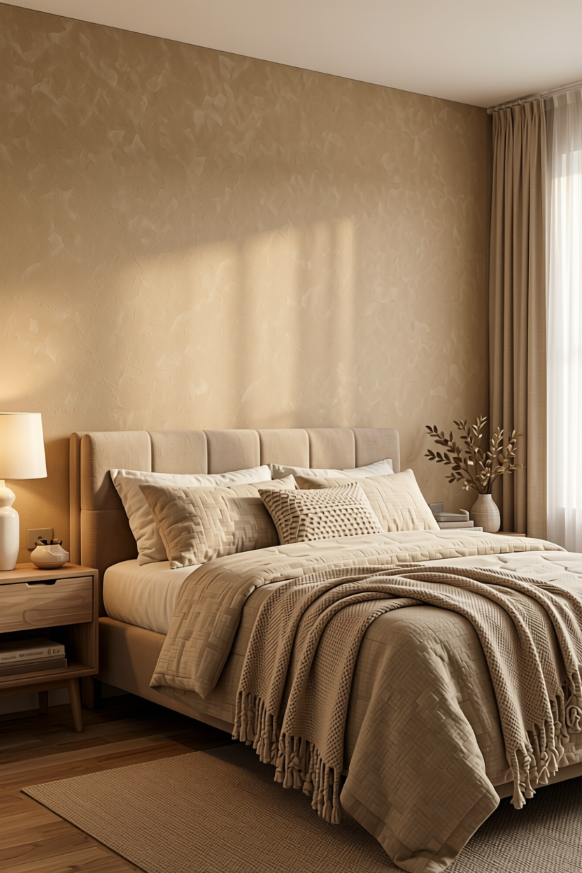 Beige Pine Plain Laminate 8x4 ft Suede 1 mm - 3583 SF — application view in a cozy bedroom