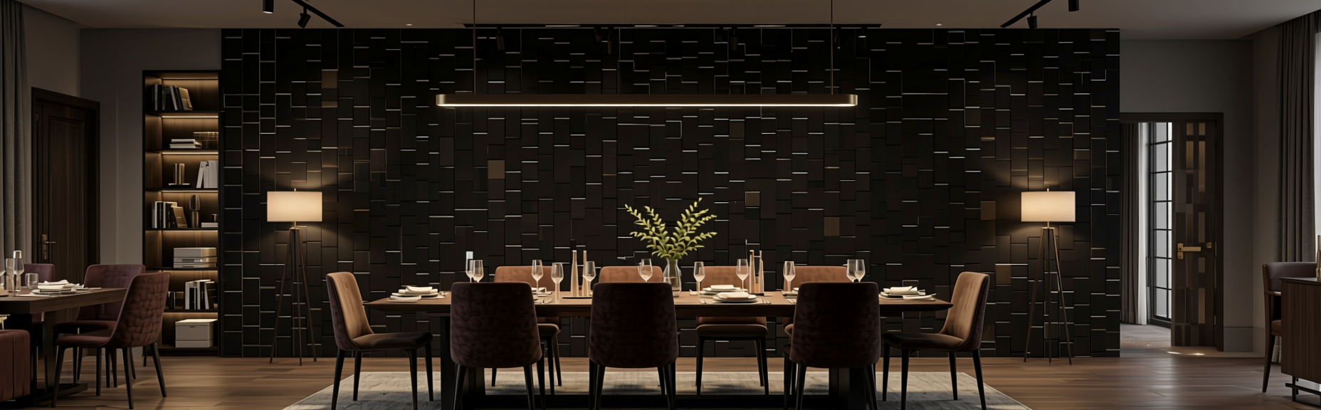 Black Mosaic Plain Laminate 8x4 ft Suede 1 mm - 3560 SF — application view in a dramatic dining room