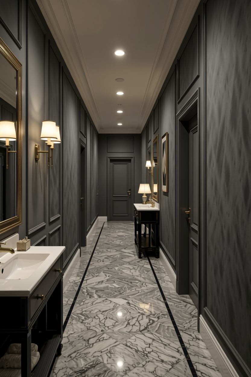 Gothic Grey Plain Laminate 8x4 ft Suede 1 mm - 3559 SF — application view in a elegant hallway