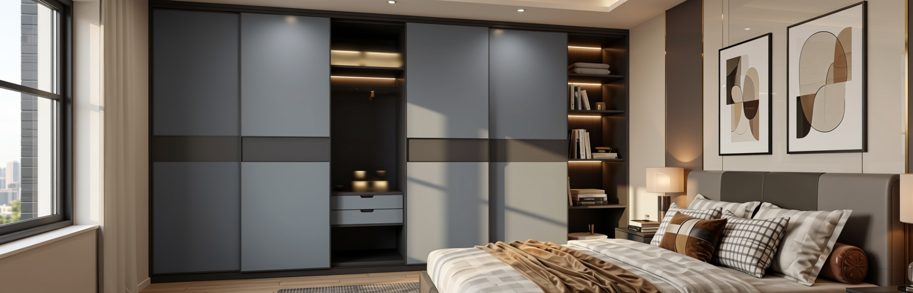 Grey Dusk Plain Laminate 8x4 ft Suede 1 mm - 3586 SF — application view in a sleek bedroom