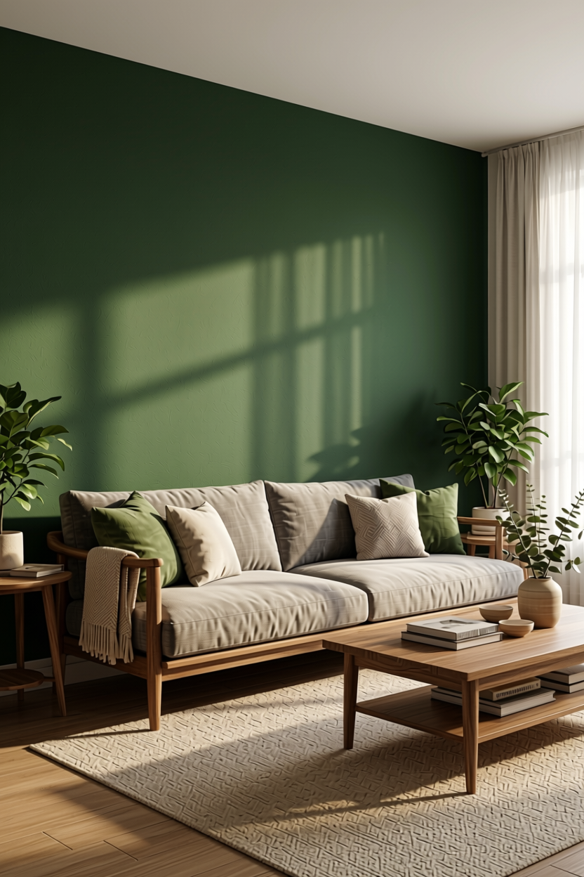 Hunter Green Plain Laminate 8x4 ft Suede 1 mm - 3502 SF — application view in a nature-inspired living room