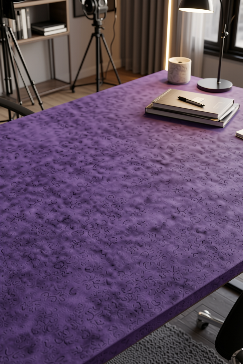 Impulsive Purple Plain Laminate 8x4 ft Suede 1 mm - 3525 SF — application view in a creative studio