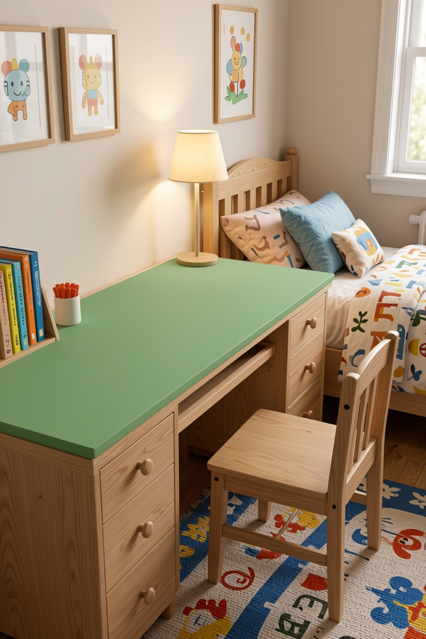 Mellow Green Plain Laminate 8x4 ft Suede 1 mm - 3513 SF — application view in a kids' bedroom