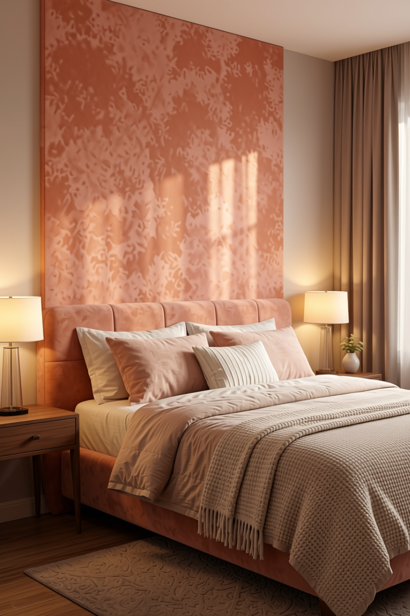 Peach Blossom Plain Laminate 8x4 ft Suede 1 mm - 3587 SF — application view in a romantic bedroom